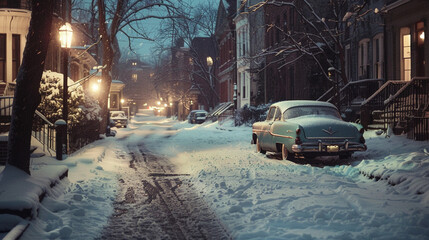 Obraz premium A classic car parked on a snow covered city streets during winter.