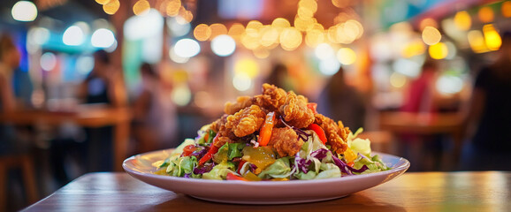 Crispy chicken salad on a white plate, restaurant setting, blurred background lights suggesting a nighttime atmosphere, showcasing a delicious and appetizing meal