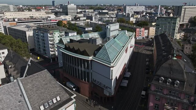 Aerial drone view of the Museum MMK f&uuml;r Moderne Kunst (Museum of Modern Art) in Frankfurt , Germany . It is one of Germany&rsquo;s most important contemporary art museums, located in the heart of Frankfurt 