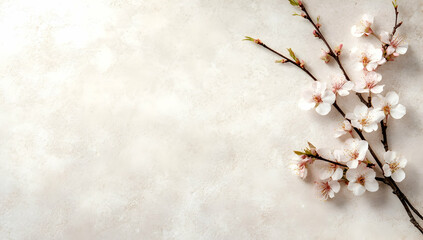 Delicate apricot blossoms on marble background; spring floral arrangement; copy space; ideal for greeting cards or websites