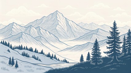 Fototapeta premium a panoramic view of a serene mountain range with layers of peaks and trees. This art captures the majesty of the mountains