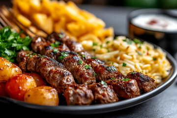 Delicious grilled lamb skewers with roasted potatoes, fries, and rice, served on a dark plate, ideal for restaurant menus or food blogs