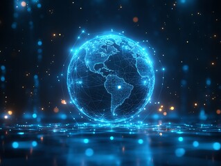 Obraz premium Glowing digital earth spins serenely reflecting cool blue light. AI Generated