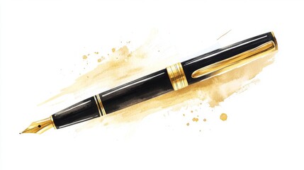 Naklejka premium Elegant black fountain pen with gold detailing on artistic watercolor background