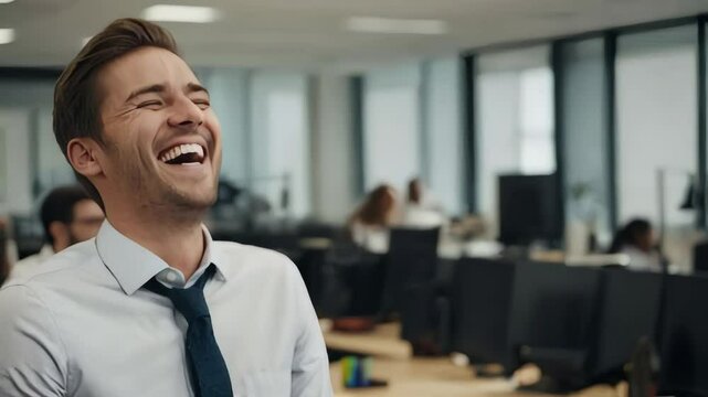 happy businessman in office, man laughing in fornt of desktop