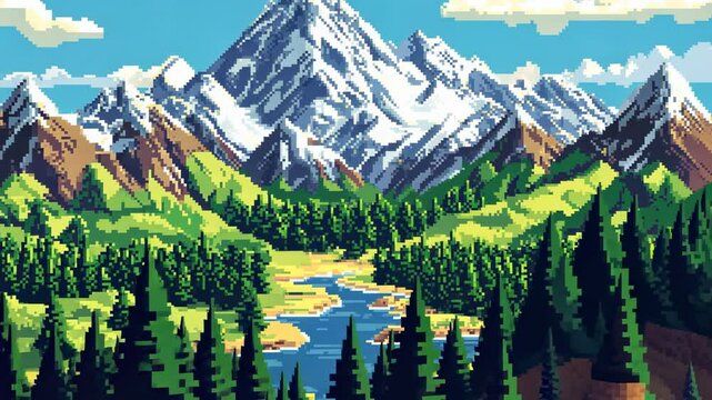 A pixel art overworld map with forests, rivers and mountains. Retro game assets.