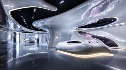 Modern white interior design reception area with flowing, curved forms