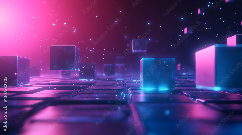 Poster neon-lit cubes float over a grid, creating a vibrant, futuristic scene showcasing potential for digi