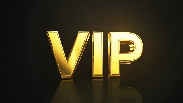 Shimmering gold vip letters with reflective surface on dark background, golden 