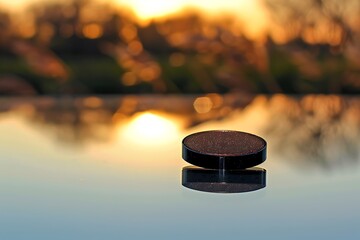 A metallic eyeshadow single in a deep bronze shade, placed on a reflective surface with a sunset backdrop