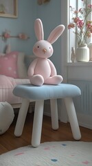 Pink bunny sits on stool in child's room