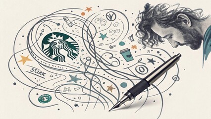 a writer is drawing out ideas and dreams using a pen. the pen writes with various icons and drawings representing his imagination