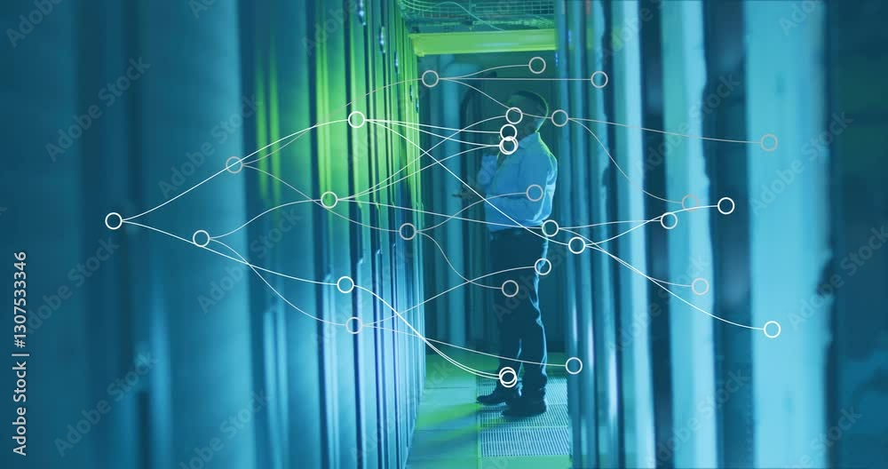 Poster network of connections and data processing animation over person in server room