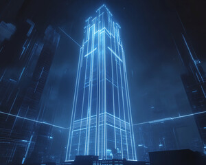 Blue neon lines outline a skyscraper at night, creating a futuristic cityscape image suitable for technology or architecture concepts