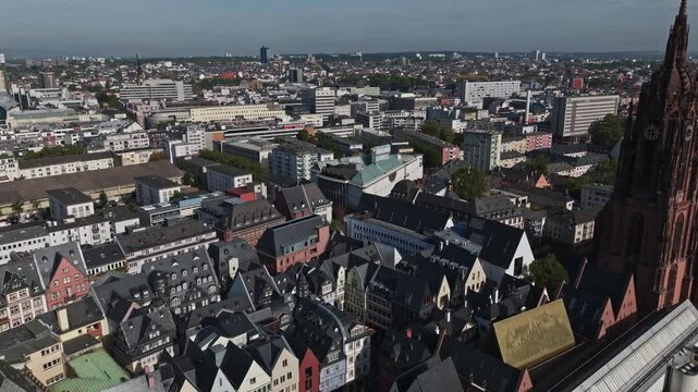 Aerial drone view of the Museum MMK f&uuml;r Moderne Kunst (Museum of Modern Art) in Frankfurt , Germany . It is one of Germany&rsquo;s most important contemporary art museums, located in the heart of Frankfurt 