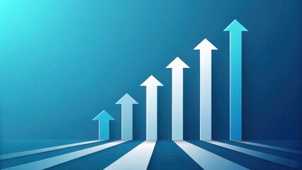 a row of white arrows on blue background showing a clear upward trend in growth. It suggests positive progress, future success and financial prosperity