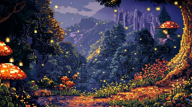 Pixel art assets of a magical forest at night with glowing mushrooms, enchanted trees and floating lights in the air.