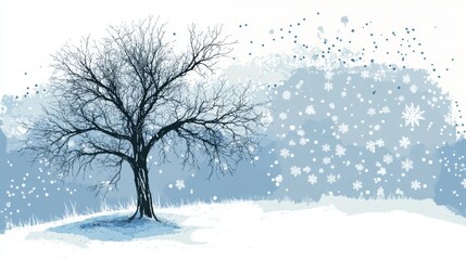 Fototapeta premium Lone tree in snowy winter landscape with snowflakes and frost