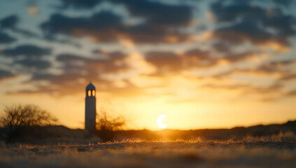 Desert sunset with minaret silhouette; peaceful landscape, golden hour light; ideal for travel, spirituality, and nature publications