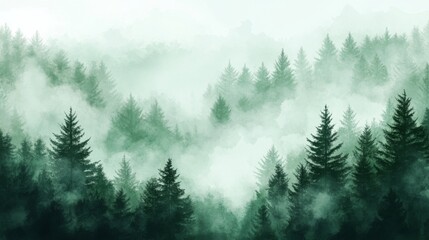 Obraz premium Misty evergreen forest landscape with dense trees and fog
