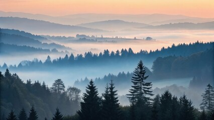 Obraz premium a tranquil mountainous landscape at dawn, enveloped in a misty fog, with layers of trees in silhouette