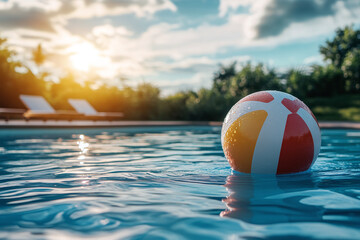 Colorful beach ball floating on luxury swimming pool. Travel and Summer Holiday Banner with copy space for text or logo