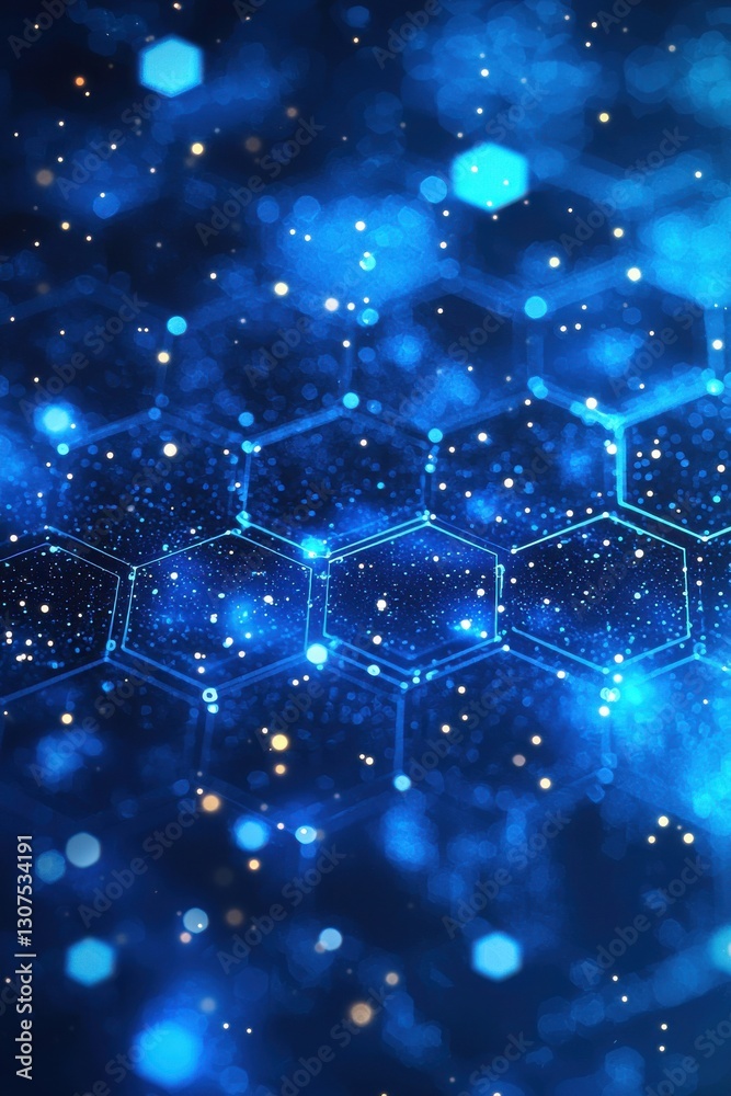 Wall mural abstract blue background with glowing hexagon pattern and glittering particles