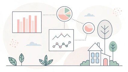 an illustration of a home surrounded by various charts and graphs, suggesting data analysis or financial insights