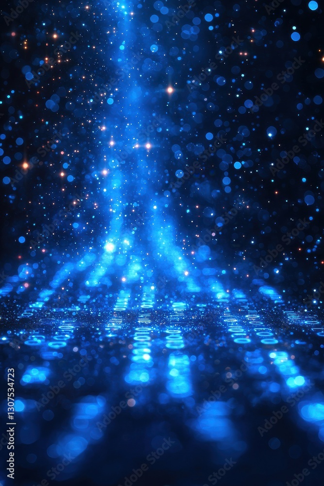 Poster blue glowing binary code background with digital sparkles and luminous dots