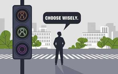 Navigating Choices: A conceptual image of decision-making with a silhouette of a person facing a traffic light, with "CHOOSE WISELY" speech bubble overhead.