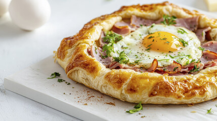 Delicious French galette with egg, ham, and herbs on white background
