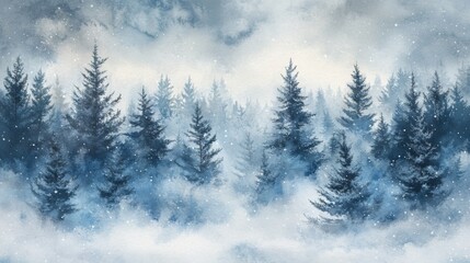Serene winter forest landscape with snow-covered evergreen trees in misty atmosphere
