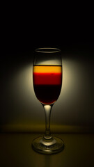 A glass of champagne with colorful liquid on dark background