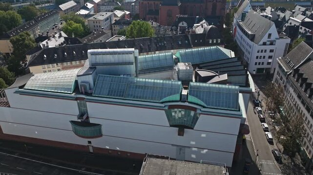 Aerial drone view of the Museum MMK f&uuml;r Moderne Kunst (Museum of Modern Art) in Frankfurt , Germany . It is one of Germany&rsquo;s most important contemporary art museums, located in the heart of Frankfurt 