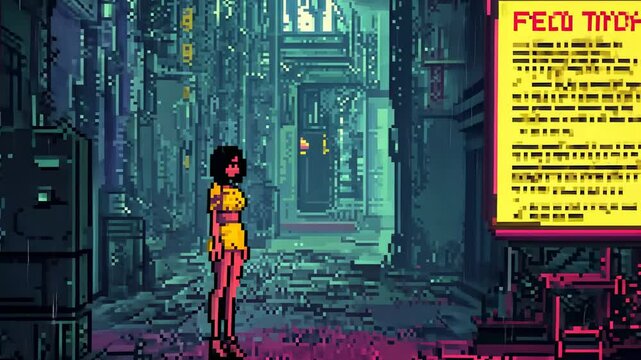 A pixel art scene depicting a cyberpunk alleyway with a girl  in a yellow outfit standing near a glowing neon sign