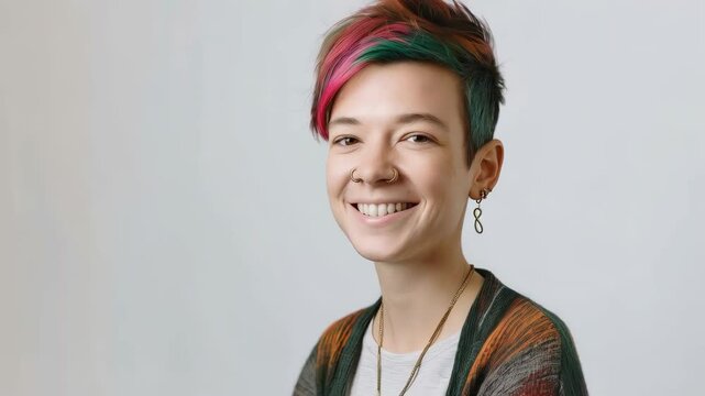 Confident non binary person with vivid hair color standing proudly, expressing unique identity through bold personal aesthetic against clean white setting