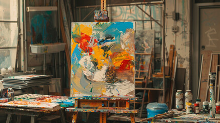 Obraz premium A painter's easel displaying a vibrant abstract painting in a creative studio.
