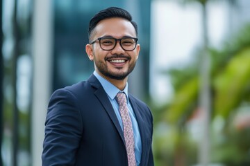 A confident and charismatic Malay businessman, dressed in sharp formal attire, exudes professionalism and positivity with a warm, engaging smile