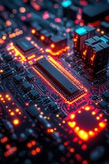 Obraz premium Illuminated circuit board design with glowing red and yellow electronic components