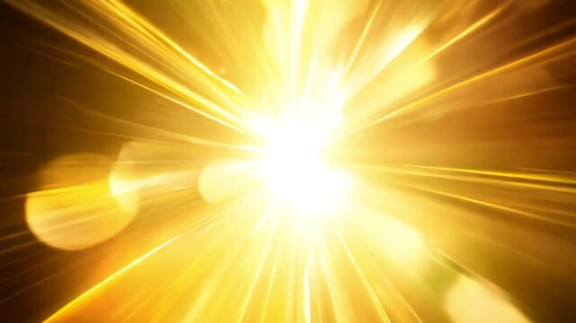The camera orbits around a central point of brilliant yellow light, rays of light video outwards, establishing scene