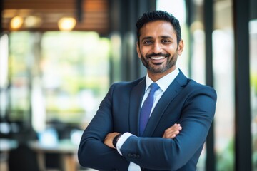 A confident and charismatic Indian businessman, dressed in sharp formal attire, exudes professionalism and positivity with a warm, engaging smile