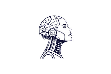 robot head with circuit patterns silhouette line art vector illustration