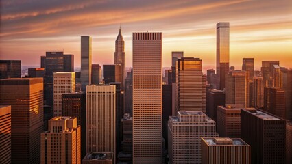 Obraz premium Aerial shot of a city skyline at sunset, with modern buildings casting long shadows, capturing the essence of urban business life.