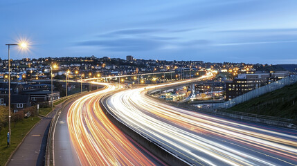 Fototapeta premium vibrant cityscape at dusk showcasing light trails from moving vehicles on busy highway, with illuminated buildings in background