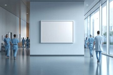 Blank empty white picture frame mockup in a hospital corridor with blurred medical personnel while walking