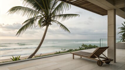 Fototapeta premium Tropical beach view from a modern terrace with lounge chairs at sunset