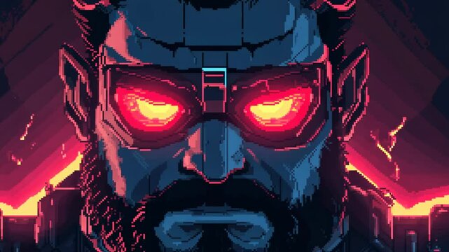 A pixel art boss character with glowing red eyes and intimidating animations, showcasing iconic retro game assets.