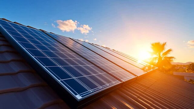 Solar panels on a rooftop at sunset