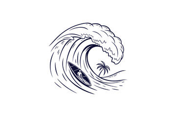 wave curling with a small surfboard silhouette line art vector illustration