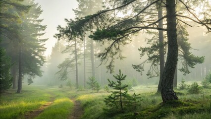 Obraz premium a misty path leads into a mysterious forest, surrounded by tall trees, with the sunlight breaking through the fog